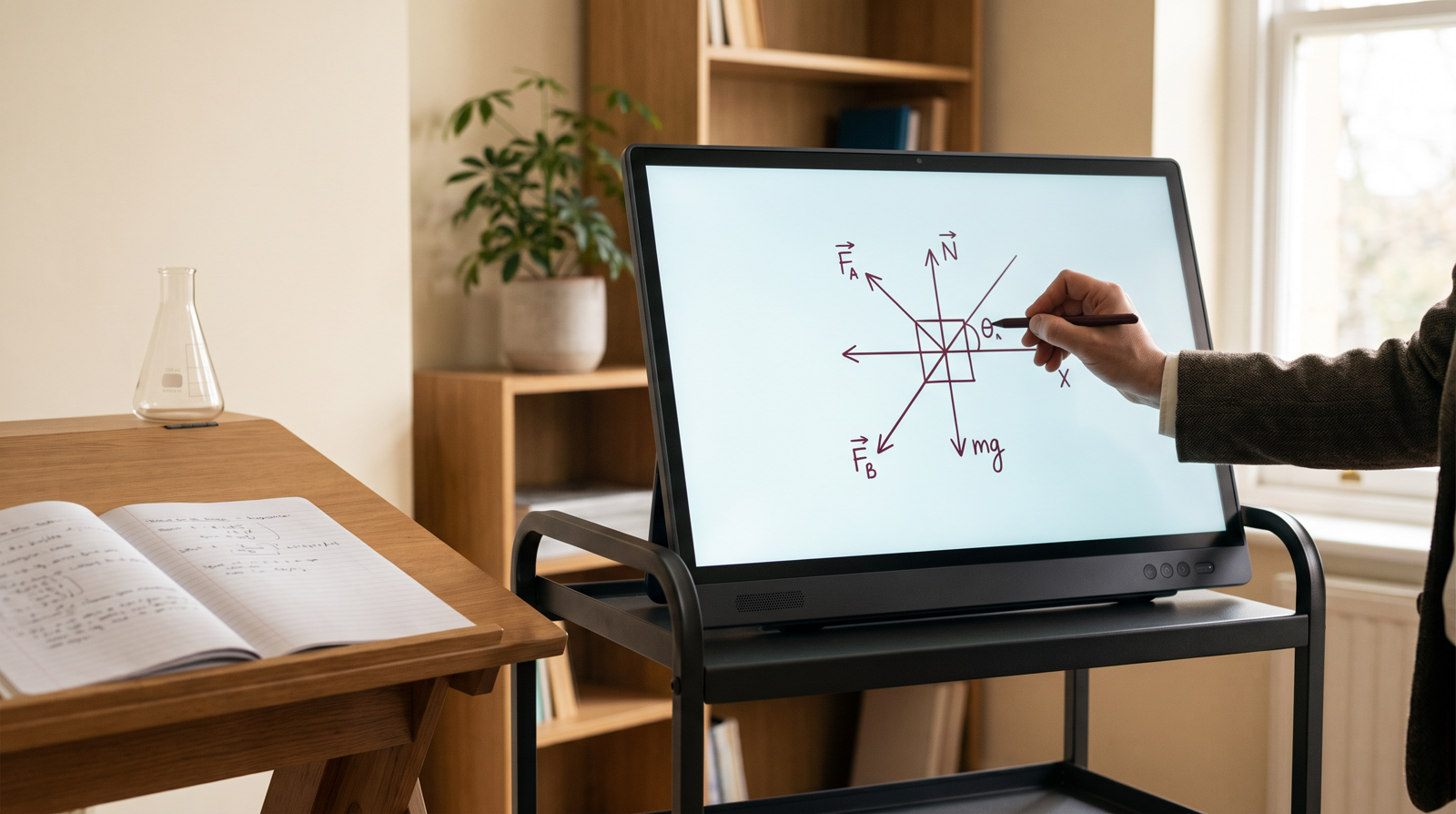 A smart board on a trolley in a teaching room at the campus